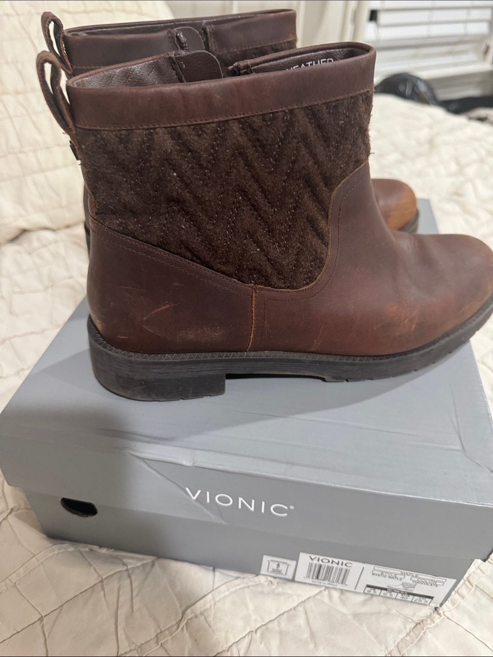 Vionic Brown Leather & Wool Chevron Ankle Booties